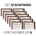 Marlowe Energizing Coffee Soap Bar, fresh brew scent, natural ingredients, displayed in a 12-pack, close-up of soap with coffee beans