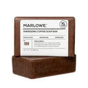 Marlowe energizing coffee soap bar with fresh brew scent, featuring a rectangular bar with textured surface and coffee beans illustration.