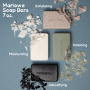 MARLOWE Oud Wood Scrub Soap Bar with natural textured soap surface and wooden packaging, highlighting its luxurious skincare design.