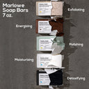 Marlowe energizing coffee soap bar with fresh brew scent, natural ingredients, and a rectangular soap shape.