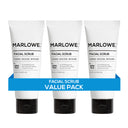 Three MARLOWE exfoliating facial scrubs with apricot seed and pumice for gentle skin exfoliation, shown in the image.